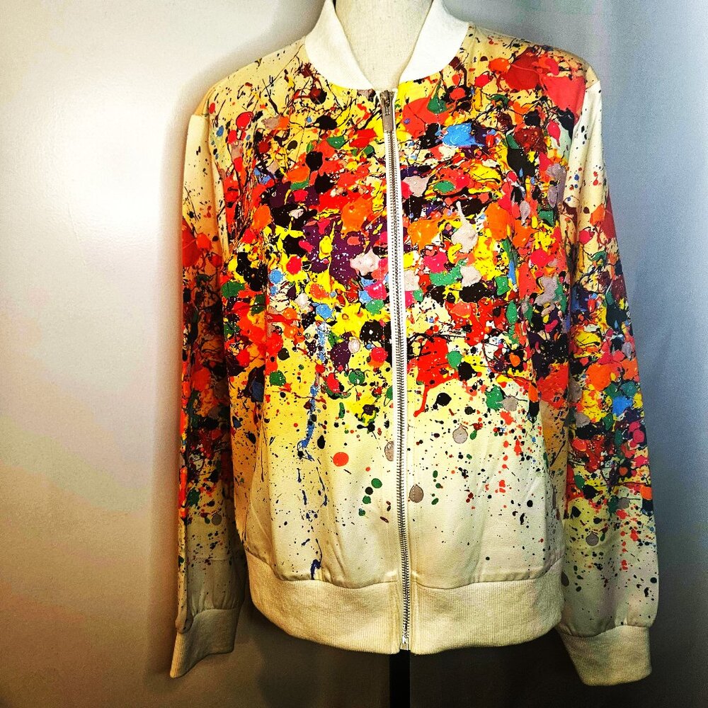 White Bomber-Style Vibrant Polyester, Spandex Casual Lightweight Large Jacket.